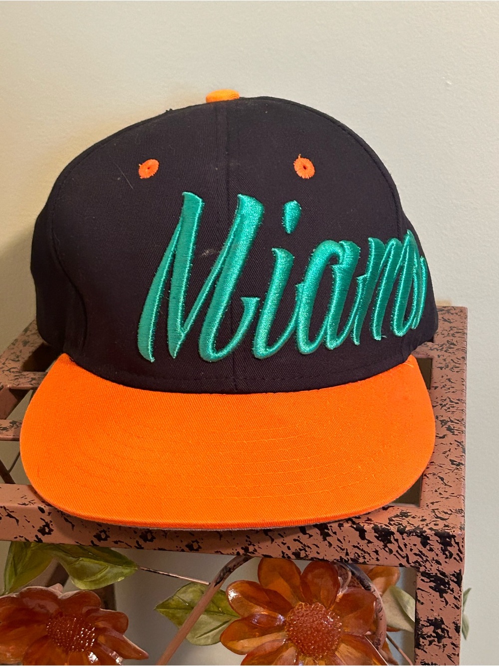 Miami Snapback Hat Black Orange Teal Raised Script Embroidered Cap MIA